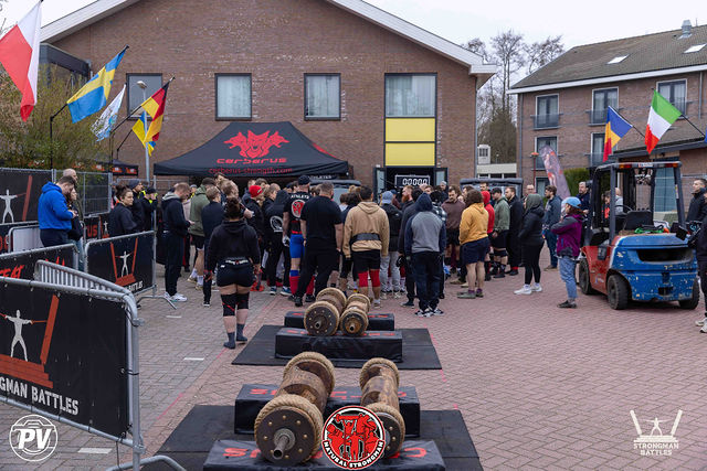Competition equipment and spectators at Northwest European Strongest in Asperen, March 2026.