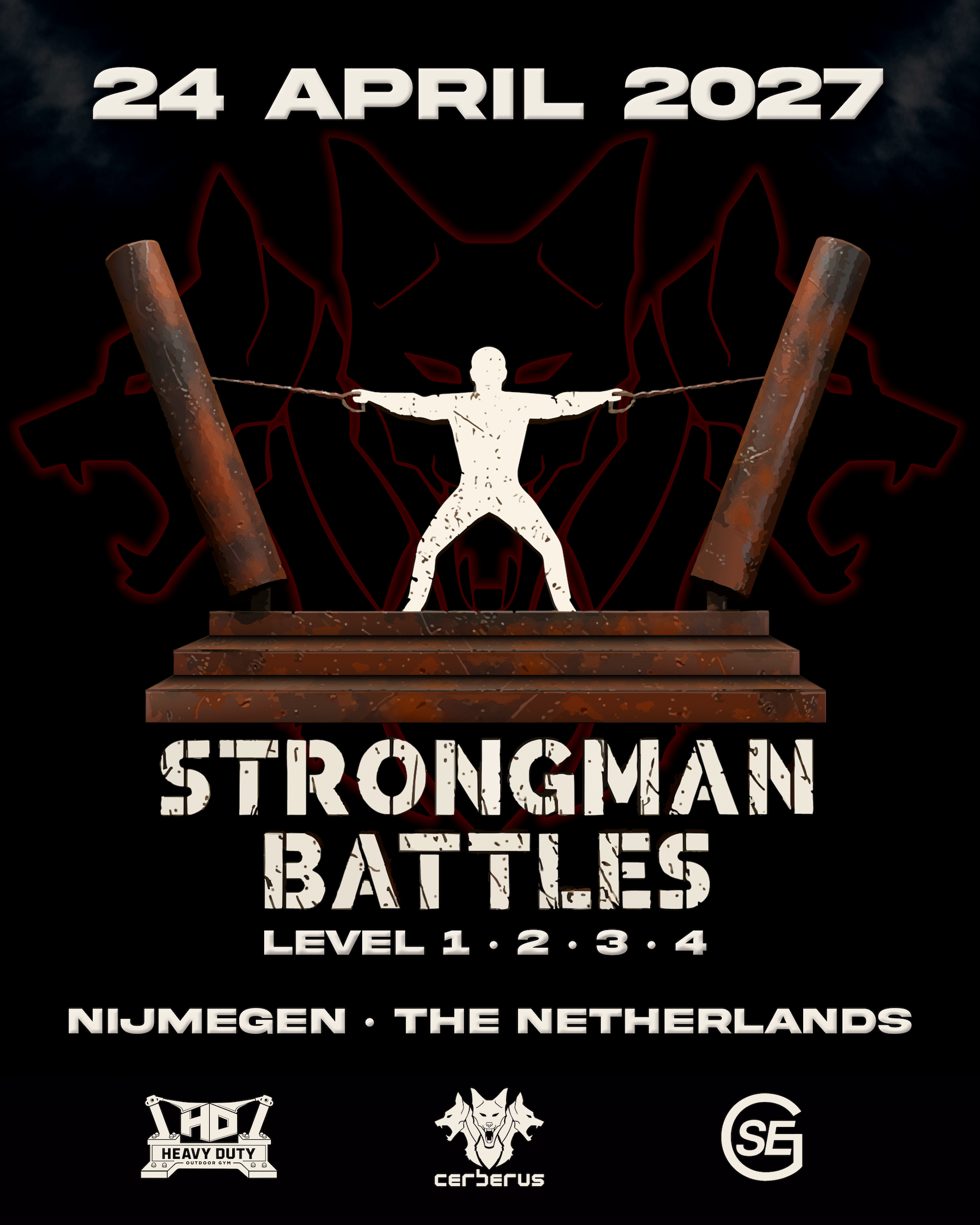 Strongman Battles Nijmegen event poster — 24 April 2027, levels 1–4, Nijmegen, the Netherlands